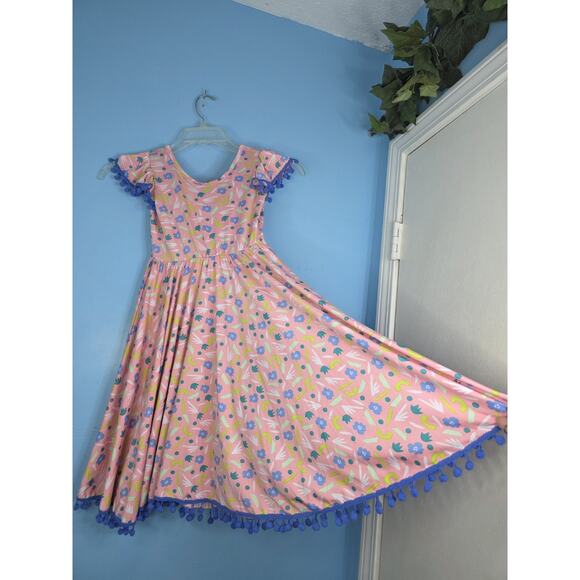 Dot Dot Smile Floral Vibrant Pink Pom Pom Empire Dress Size 8/10 - Picture 2 of 4